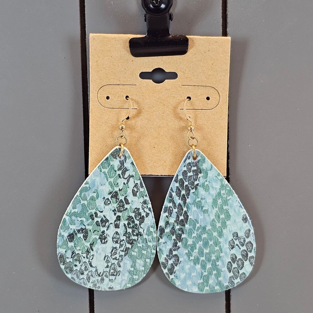 Mint Green Snakeskin Teardrop Earrings Faux Leather Dangle Earrings Boho
